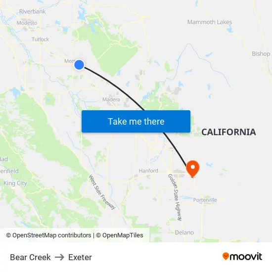 Bear Creek to Exeter map
