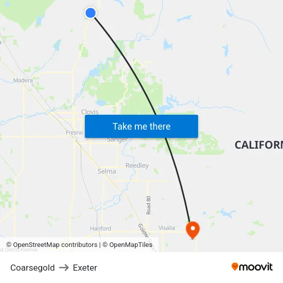Coarsegold to Exeter map