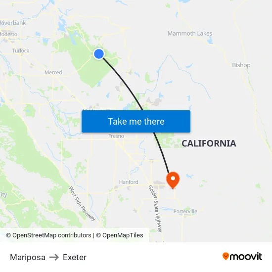Mariposa to Exeter map