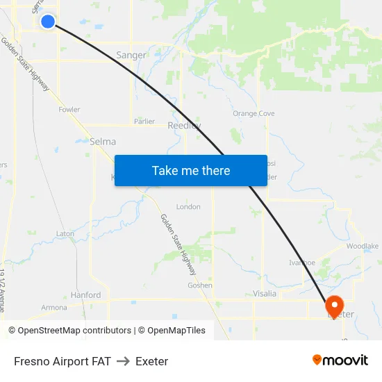 Fresno Airport FAT to Exeter map