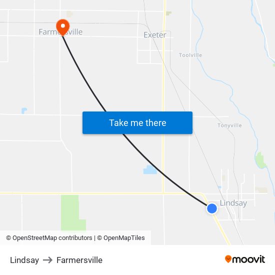 Lindsay to Farmersville map