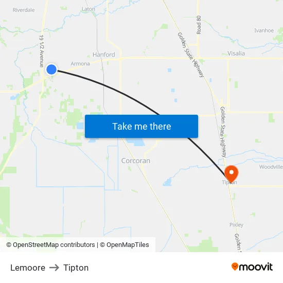 Lemoore to Tipton map