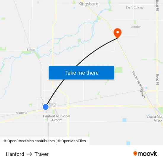 Hanford to Traver map