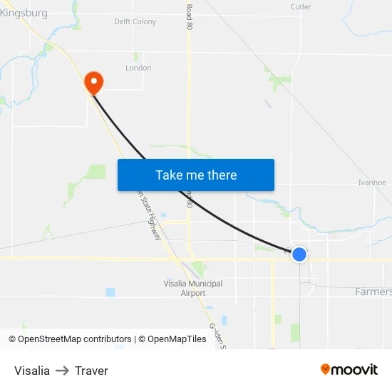 Visalia to Traver map