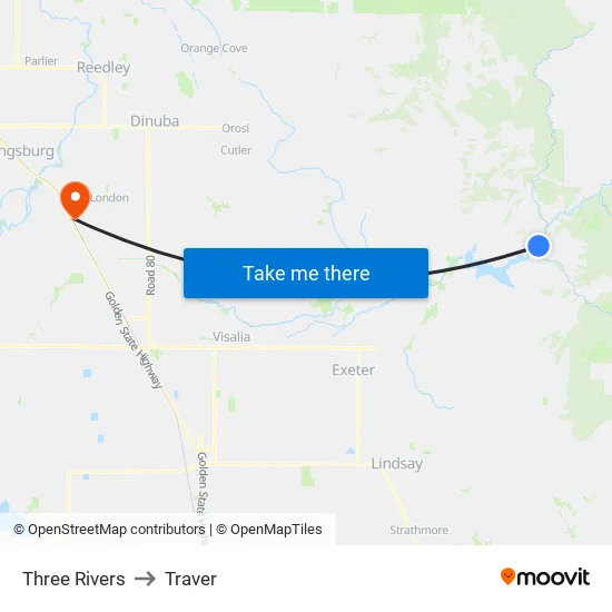 Three Rivers to Traver map
