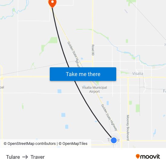 Tulare to Traver map