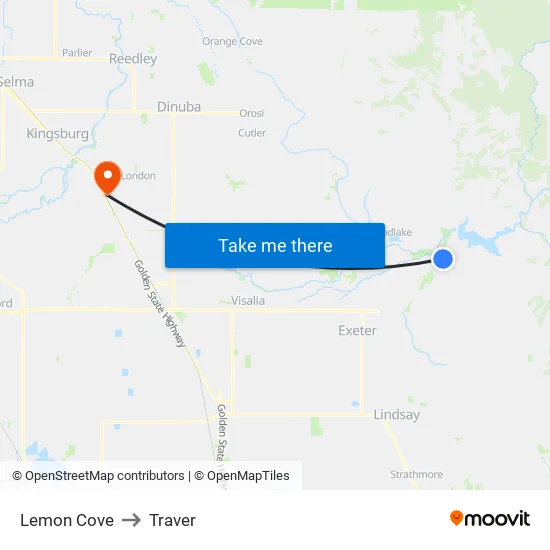 Lemon Cove to Traver map