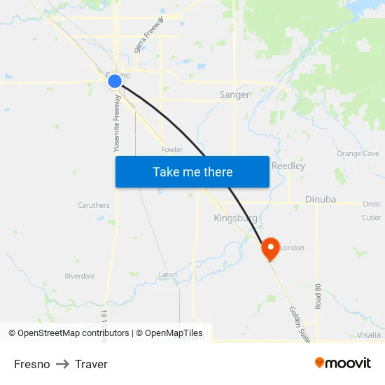Fresno to Traver map
