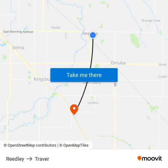 Reedley to Traver map