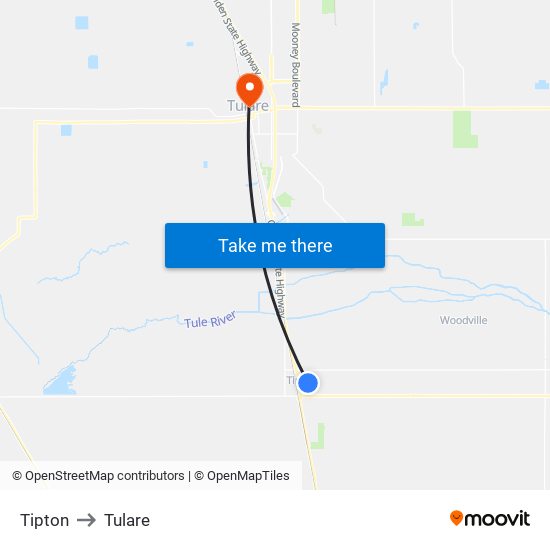 Tipton to Tulare map