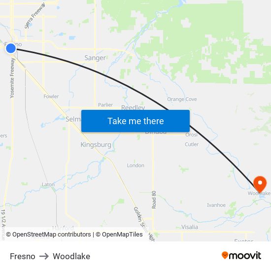 Fresno to Woodlake map