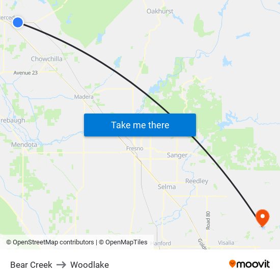 Bear Creek to Woodlake map
