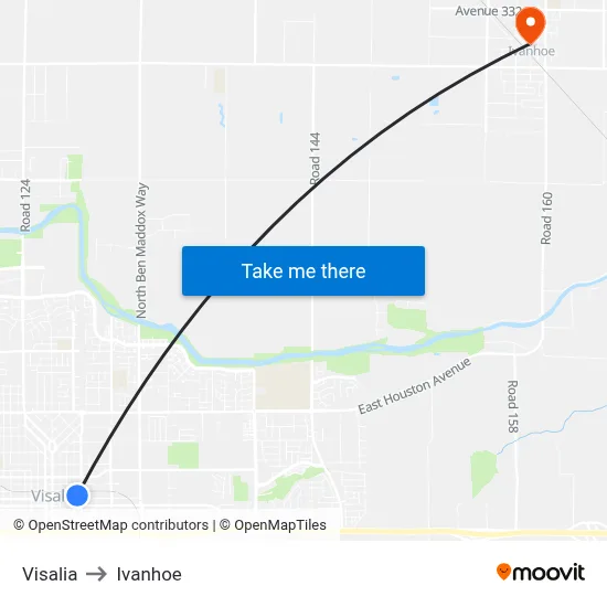 Visalia to Ivanhoe map