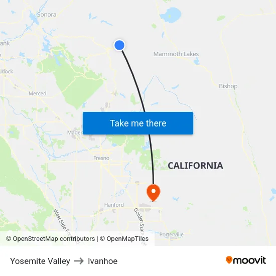 Yosemite Valley to Ivanhoe map