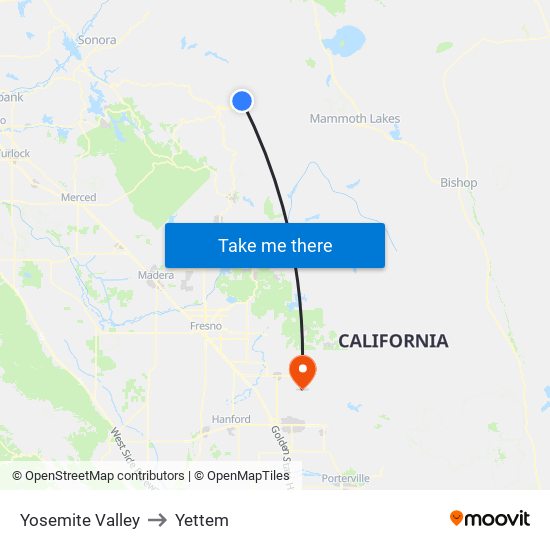 Yosemite Valley to Yettem map