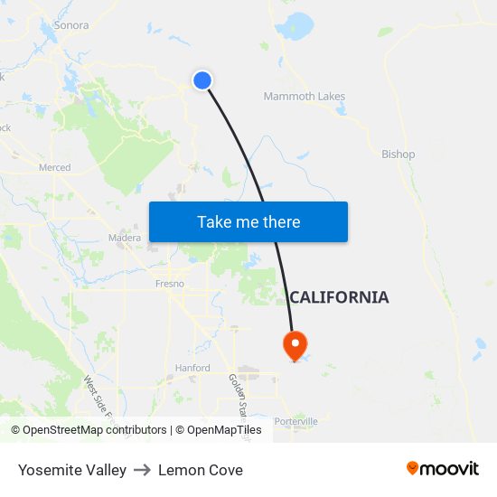 Yosemite Valley to Lemon Cove map