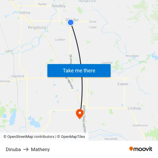 Dinuba to Matheny map