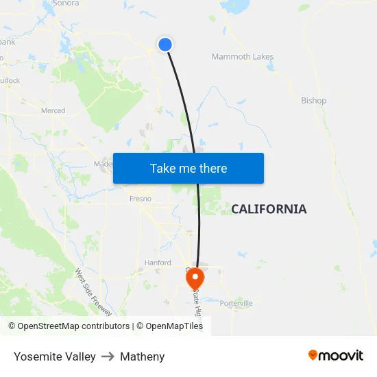 Yosemite Valley to Matheny map