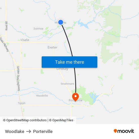 Woodlake to Porterville map