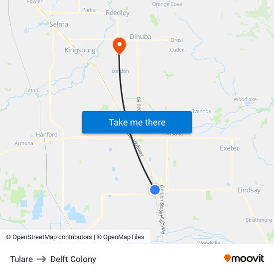 Tulare to Delft Colony map