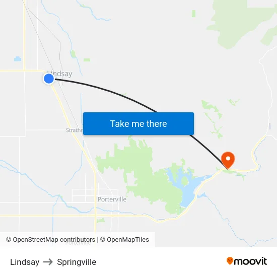 Lindsay to Springville map
