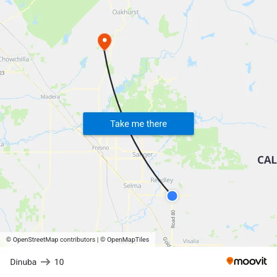 Dinuba to 10 map