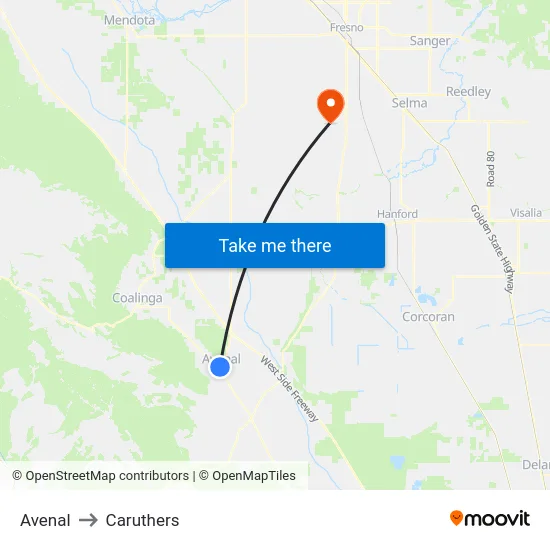 Avenal to Caruthers map