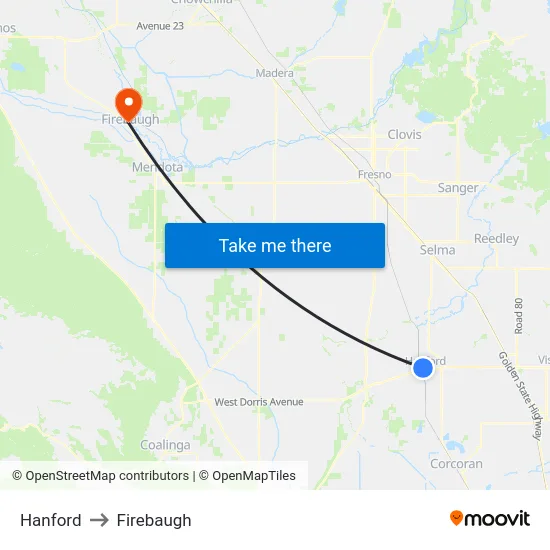 Hanford to Firebaugh map