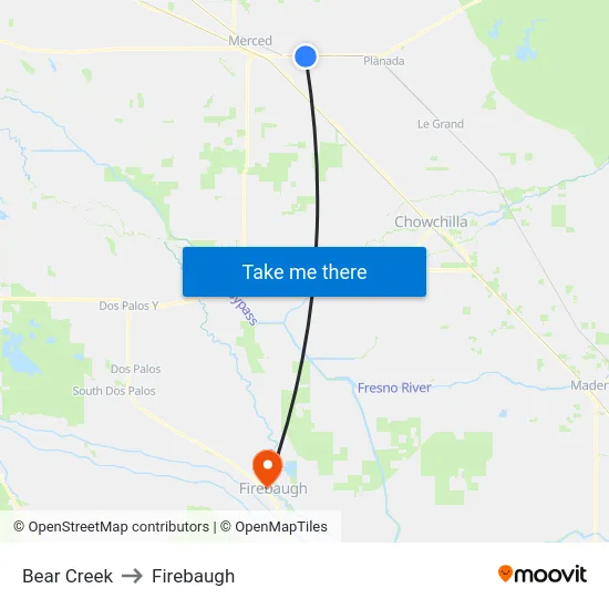 Bear Creek to Firebaugh map