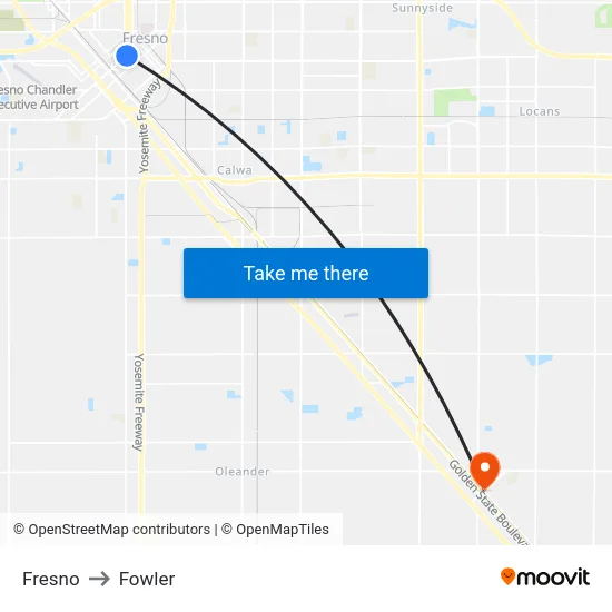 Fresno to Fowler map