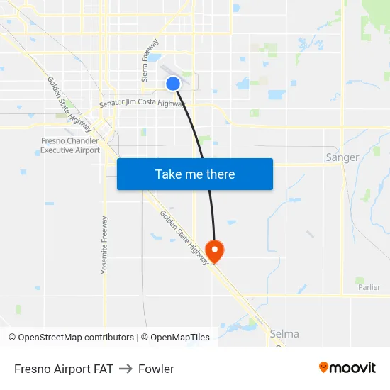 Fresno Airport FAT to Fowler map