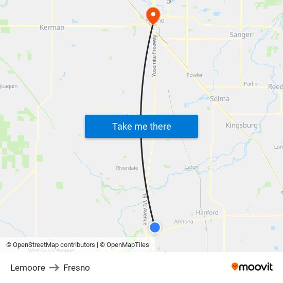 Lemoore to Fresno map