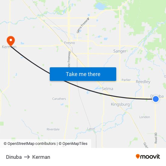 Dinuba to Kerman map