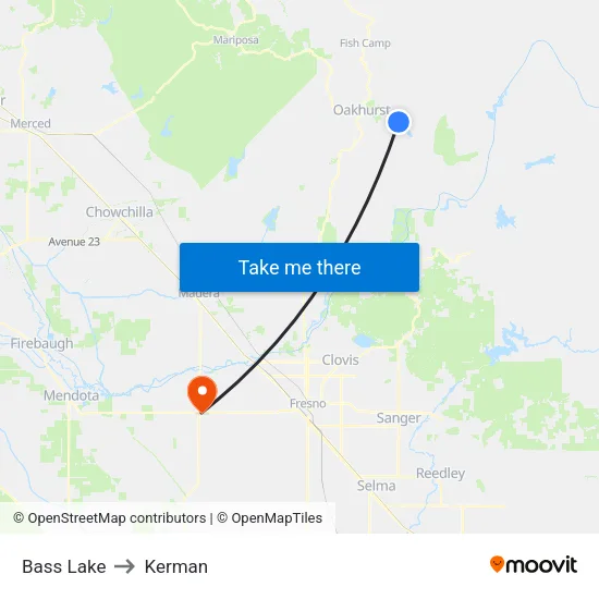 Bass Lake to Kerman map