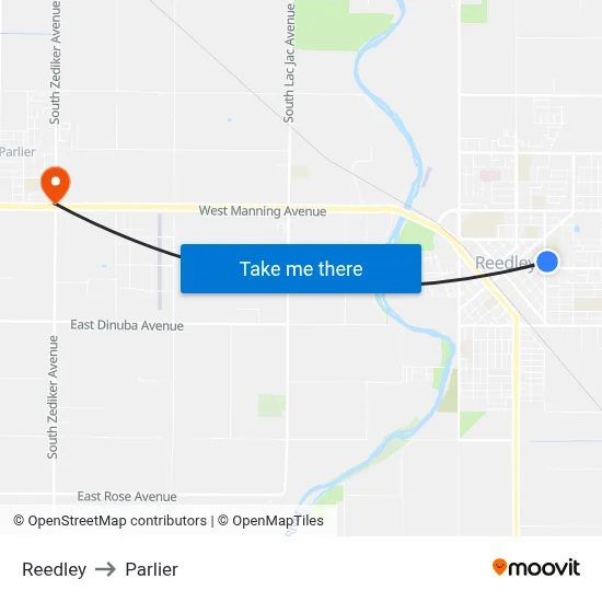Reedley to Parlier map