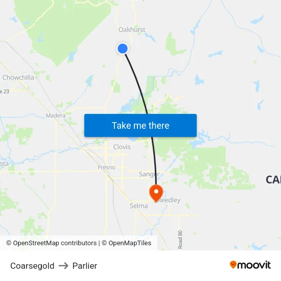 Coarsegold to Parlier map