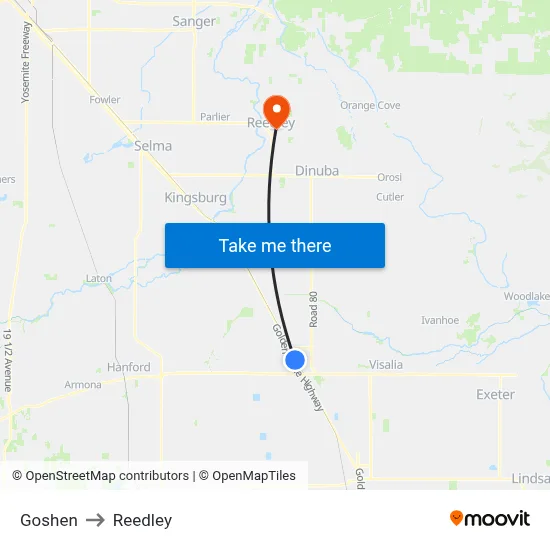 Goshen to Reedley map