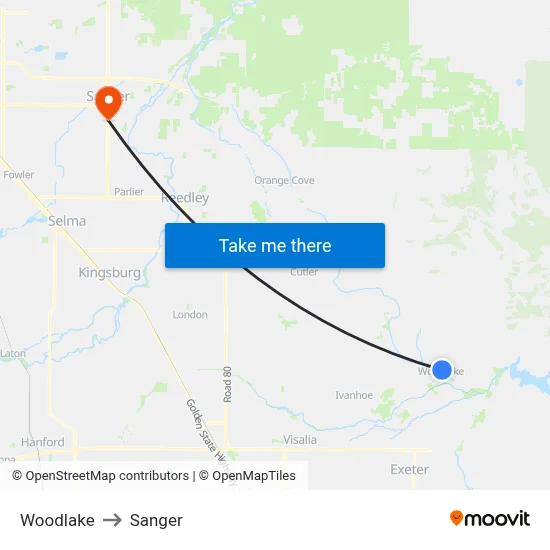 Woodlake to Sanger map