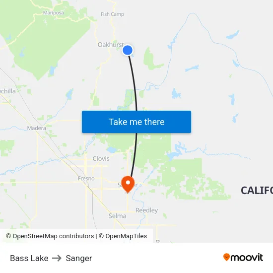 Bass Lake to Sanger map