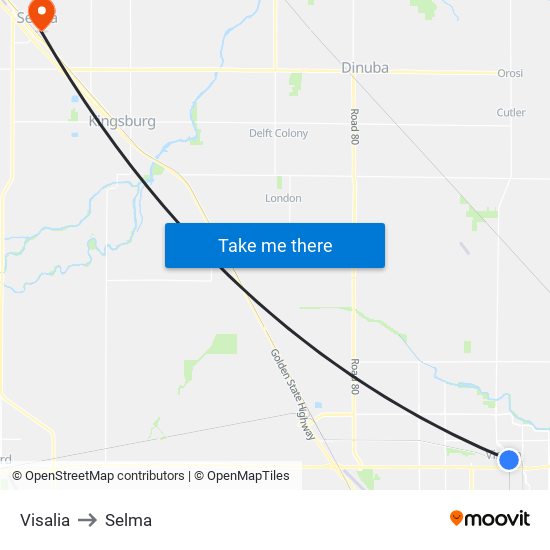 Visalia to Selma map