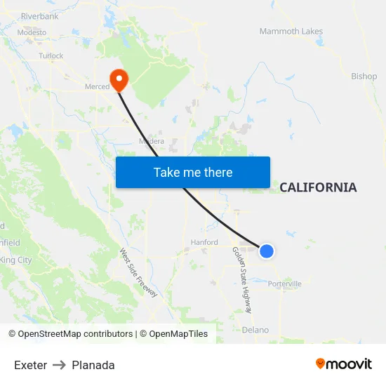 Exeter to Planada map