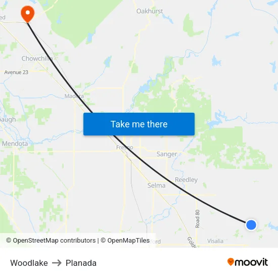 Woodlake to Planada map