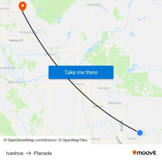 Ivanhoe to Planada map