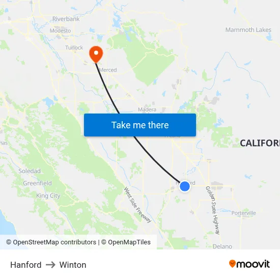 Hanford to Winton map