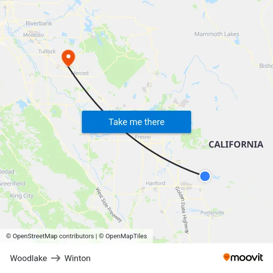 Woodlake to Winton map