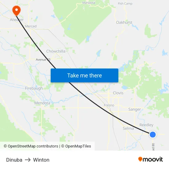Dinuba to Winton map