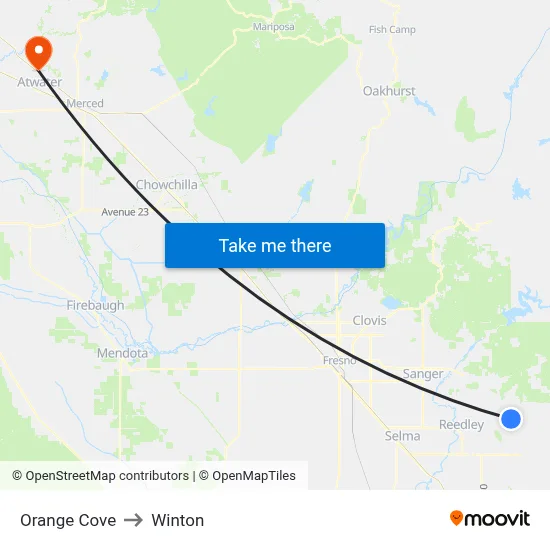 Orange Cove to Winton map