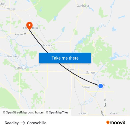 Reedley to Chowchilla map