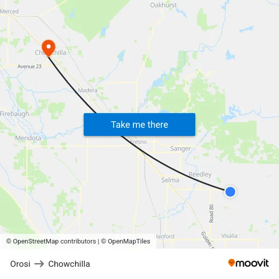 Orosi to Chowchilla map