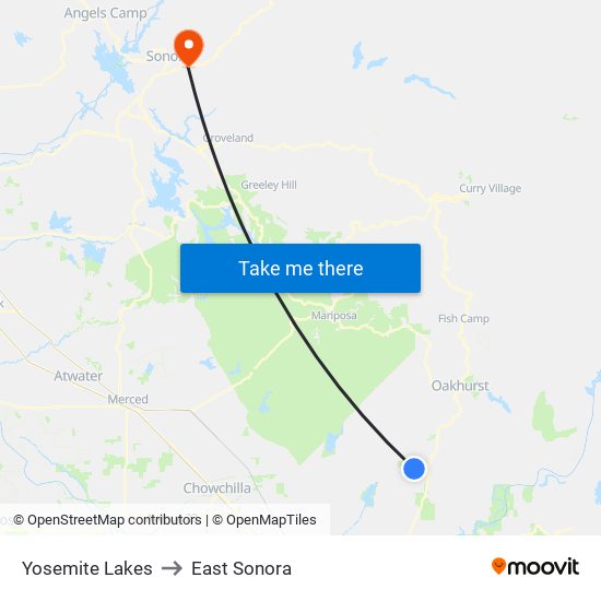 Yosemite Lakes to East Sonora map